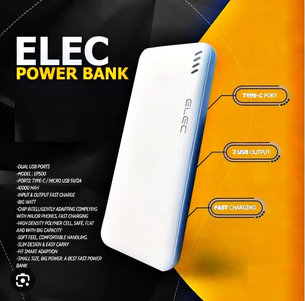 ELEC 10,000mAh Fast Charging Power Bank – Dual USB-A & Type-C Output – White Compact Powerbank with Box