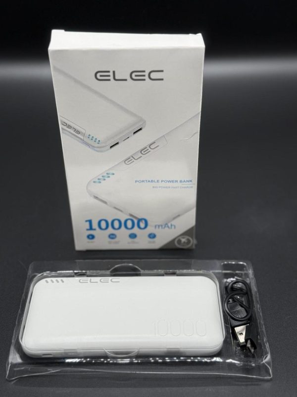 ELEC 10,000mAh Fast Charging Power Bank – Dual USB-A & Type-C Output – White Compact Powerbank with Box
