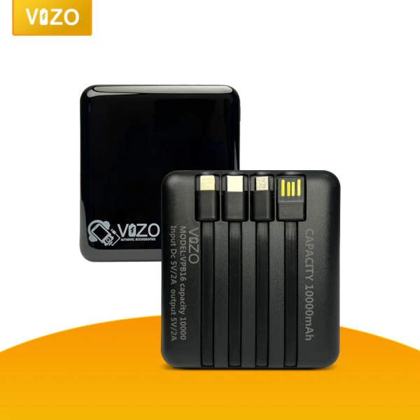 VPB16 10,000mAh Vizo Power Bank – Built-in Cables for Android, iPhone & Type-C – Compact & Fast Charging Powerbank