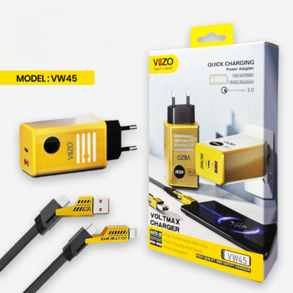 VW45 – 45W Vizo Volt Series PD Fast Charger | Dual Port USB-A & Type-C | Premium 4-in-1 Cable IncludedVW45 – 45W Vizo Volt Series PD Fast Charger | Dual Port USB-A & Type-C | Premium 4-in-1 Cable Included